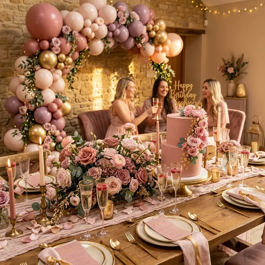 Mesa decorada para aniversário com flores