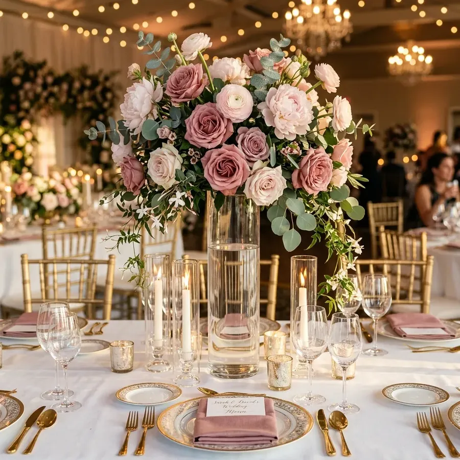 Mesa de recepção de casamento com flores e velas