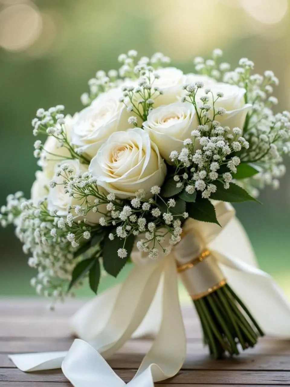Buquê de noiva com rosas brancas e gypsophila e cabo em cetim