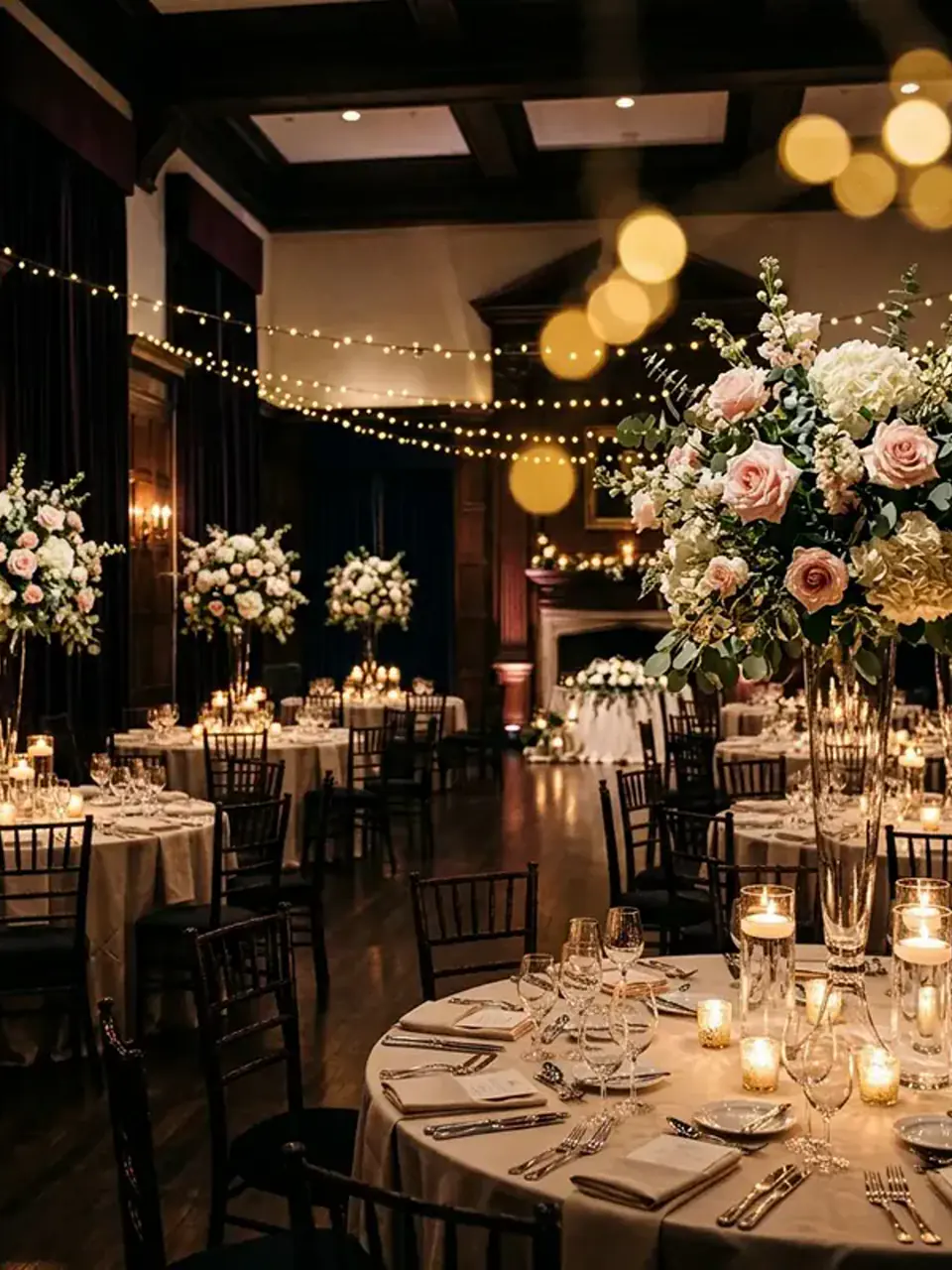 Salão de eventos decorado com arranjos florais nas mesas